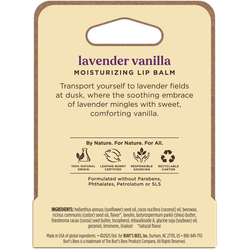 Burt's Bees Lavender Vanilla Moisturizing Lip Balm, 100% Natural Origin, Mother's Day Gift, 1 Tube, 0.15 oz