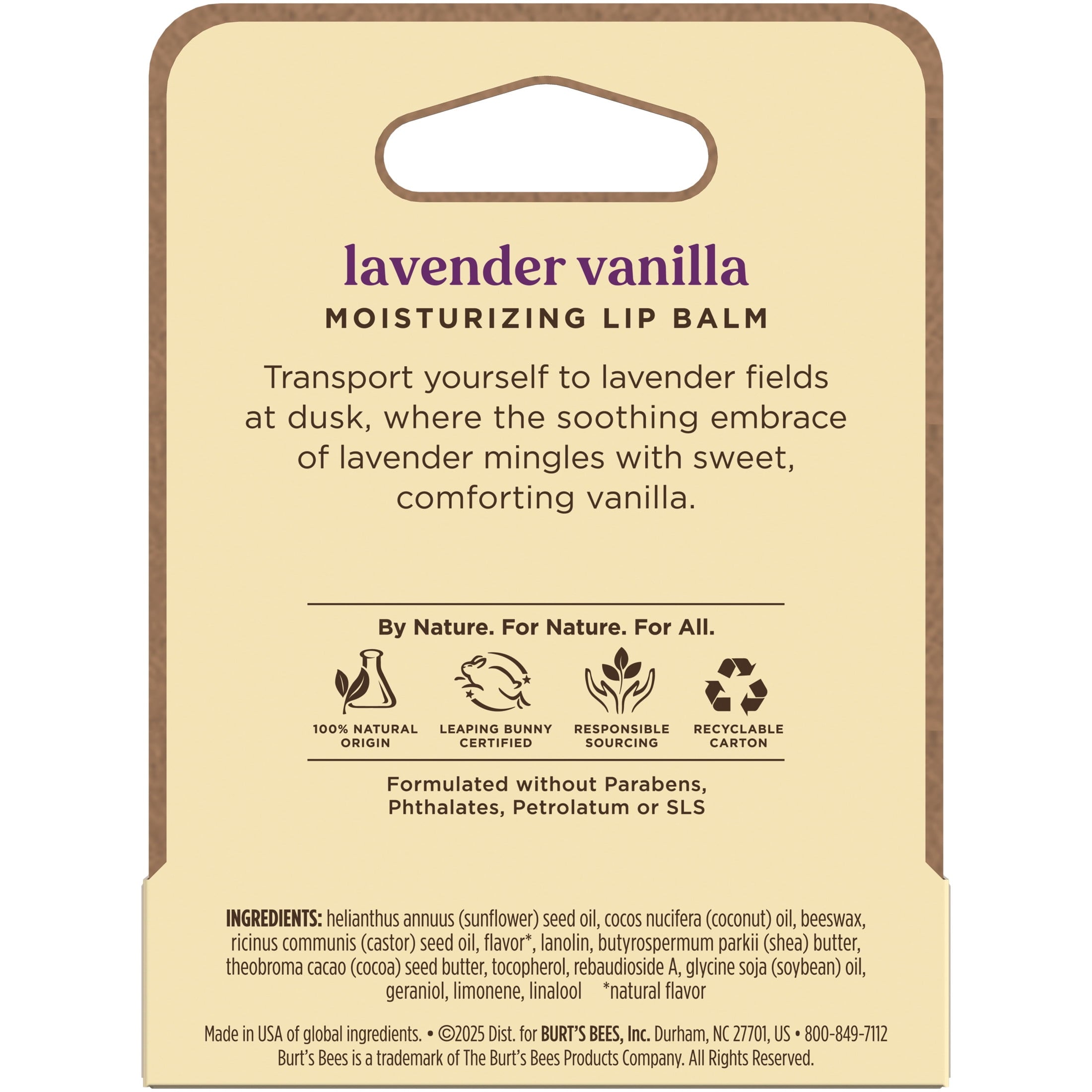 Burt's Bees Lavender Vanilla Moisturizing Lip Balm, 100% Natural Origin, Mother's Day Gift, 1 Tube, 0.15 oz