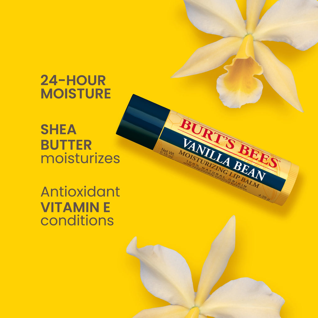 (3 pack) Burt's Bees 100% Origin Natural Moisturizing Lip Balm with Beeswax, Vanilla Bean, 1 Tube