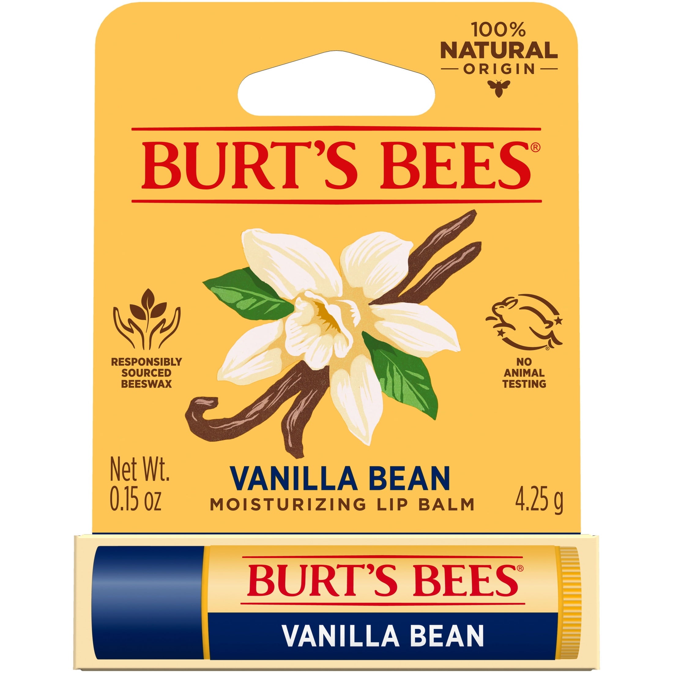 (3 pack) Burt's Bees 100% Origin Natural Moisturizing Lip Balm with Beeswax, Vanilla Bean, 1 Tube